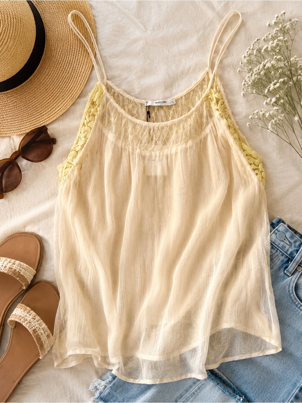 Mango Suit Hand Embroidered Lace Cami Top Cream Yellow NWT Size L